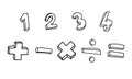 Hand drawn numbers and basic math symbols in black outline style on white background Royalty Free Stock Photo
